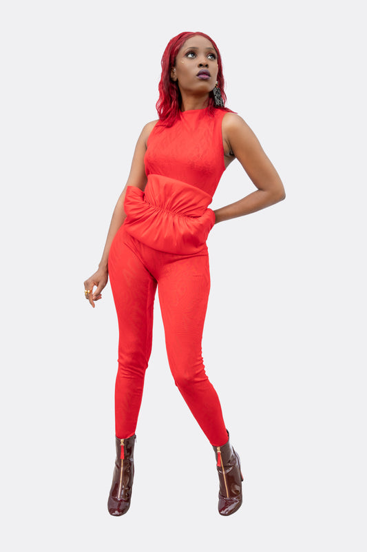 Italian Red Perforated Jersey Jumpsuit