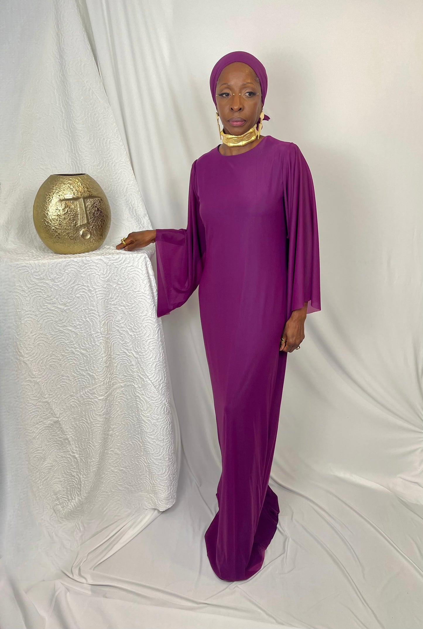 JEWELZ ONSUNDAY | Deep Purple Jewel with Flowy Drape Cape Sleeves Dress