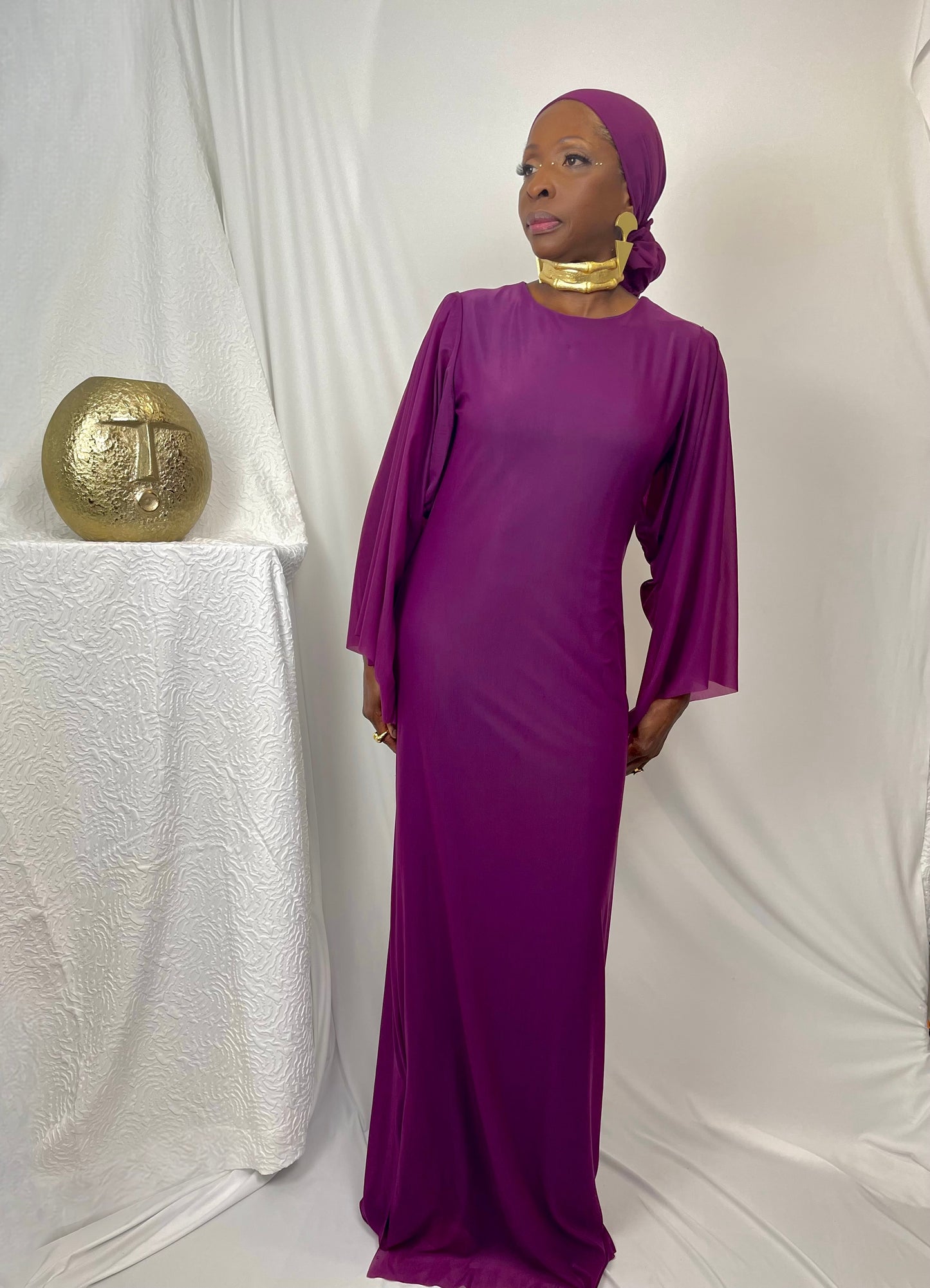 JEWELZ ONSUNDAY | Deep Purple Jewel with Flowy Drape Cape Sleeves Dress