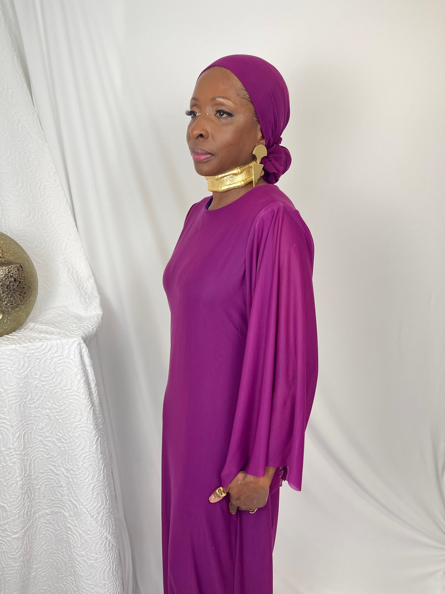 JEWELZ ONSUNDAY | Deep Purple Jewel with Flowy Drape Cape Sleeves Dress