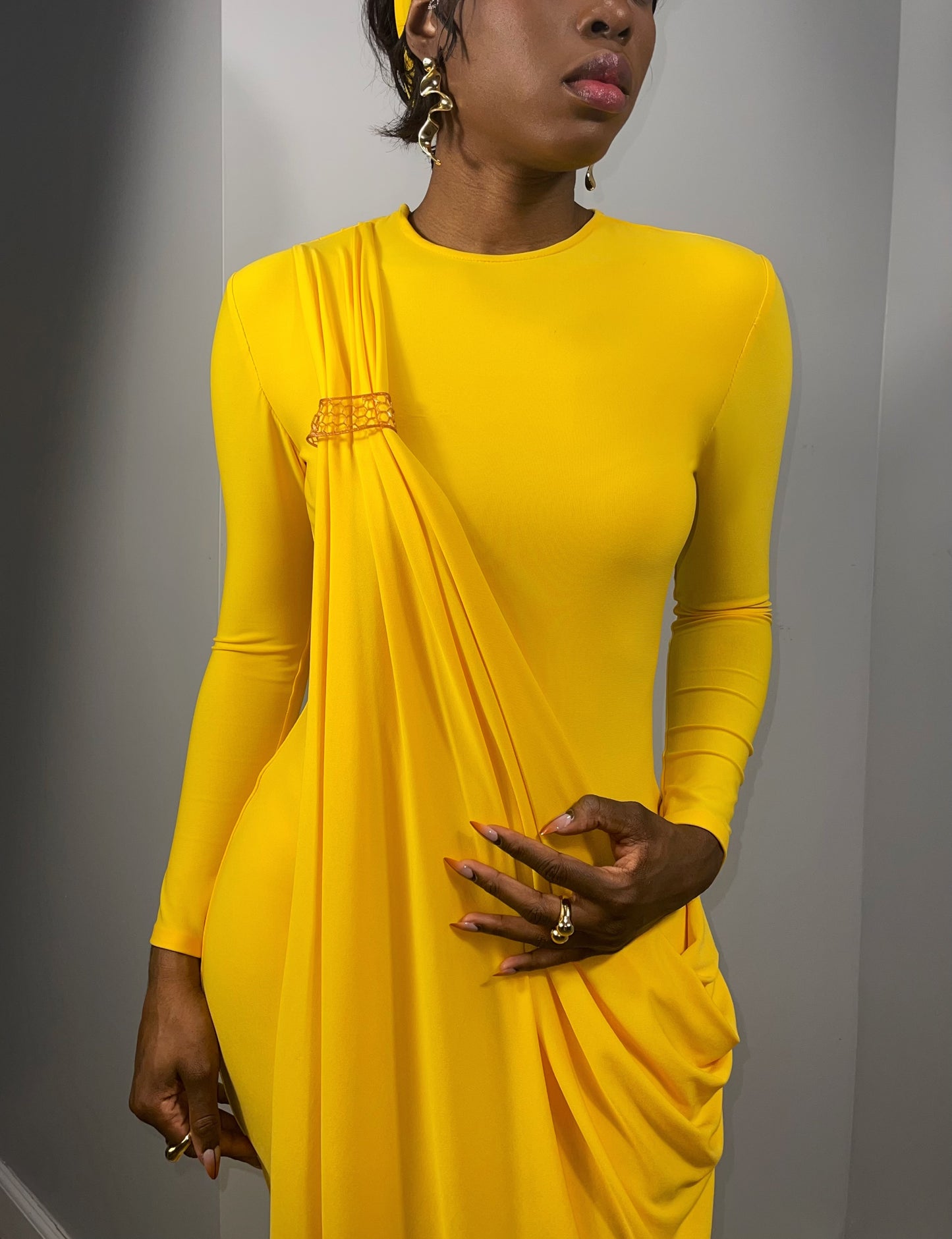 JEWELZ ONSUNDAY| Yellow Knit Cascade Draped Midi Dress