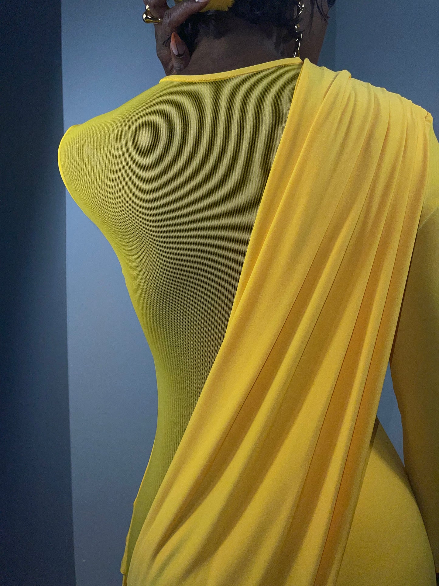 JEWELZ ONSUNDAY| Yellow Knit Cascade Draped Midi Dress