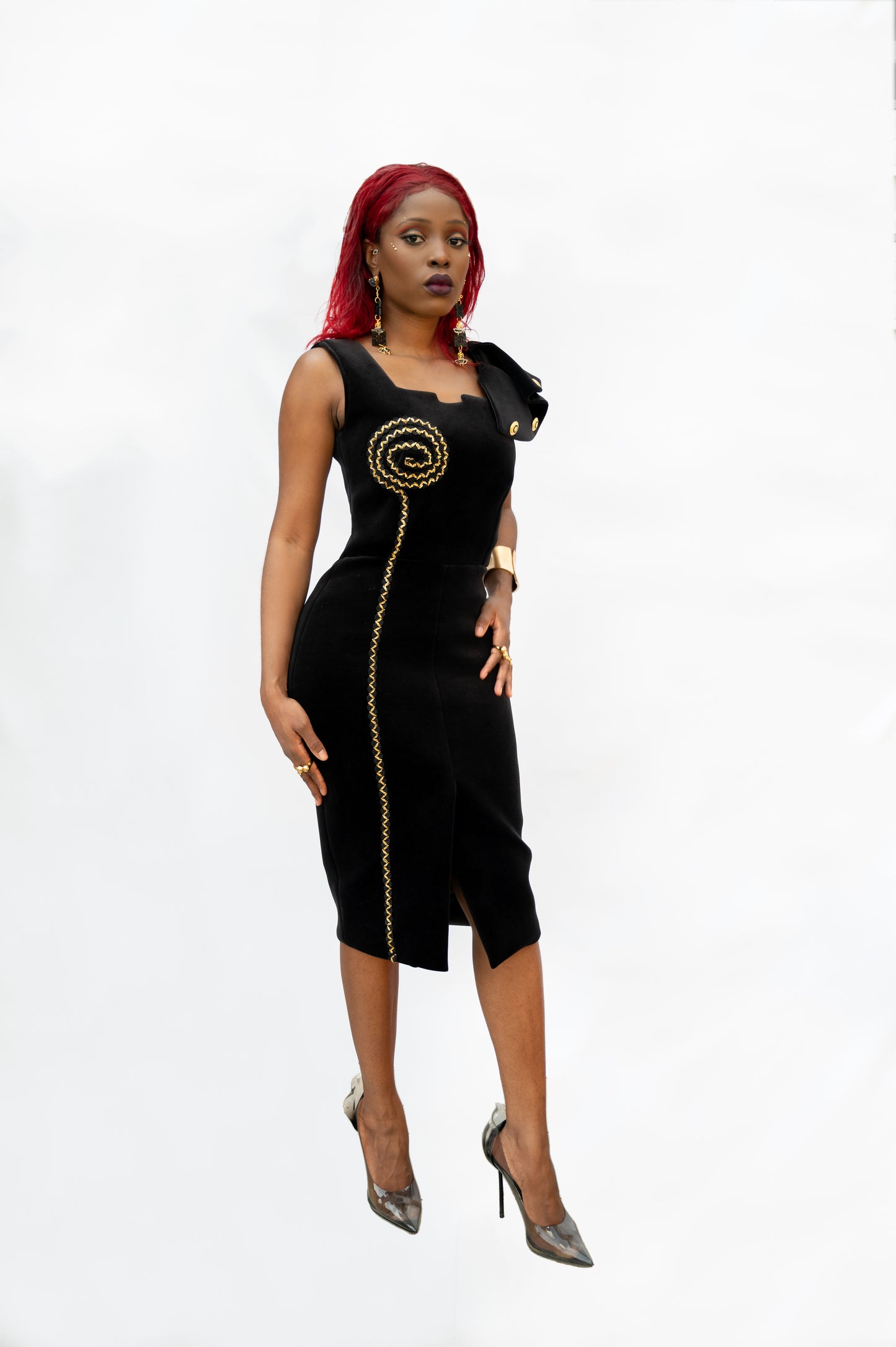 Black Gold Velvet Midi Dress