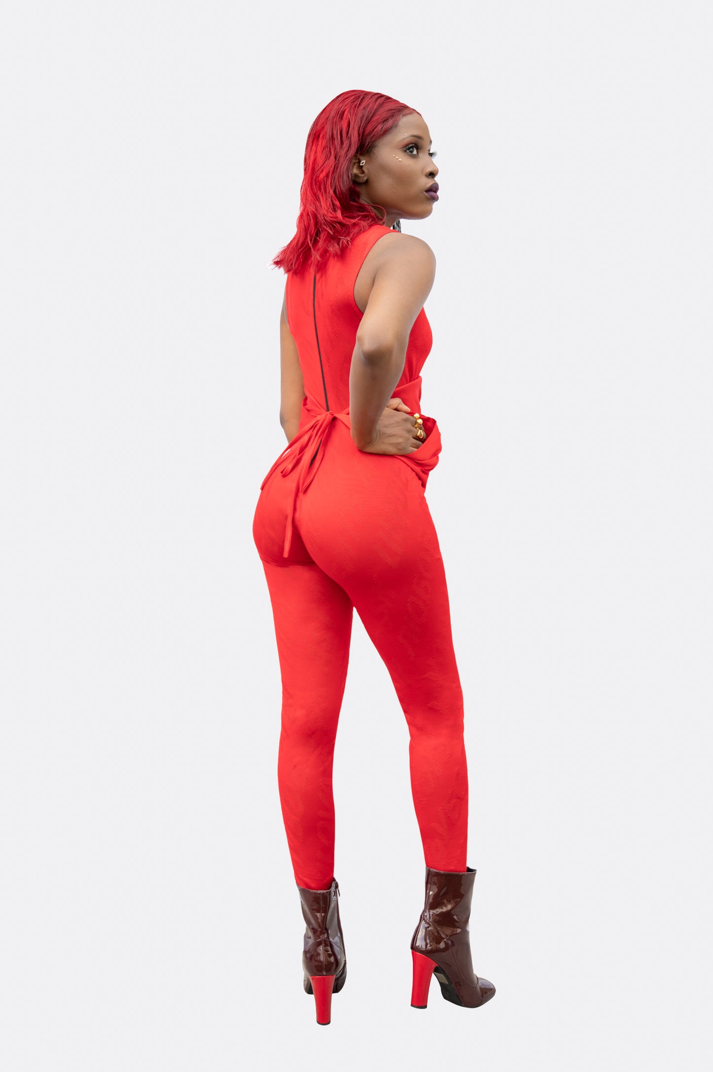 Italian Red Perforated Jersey Jumpsuit