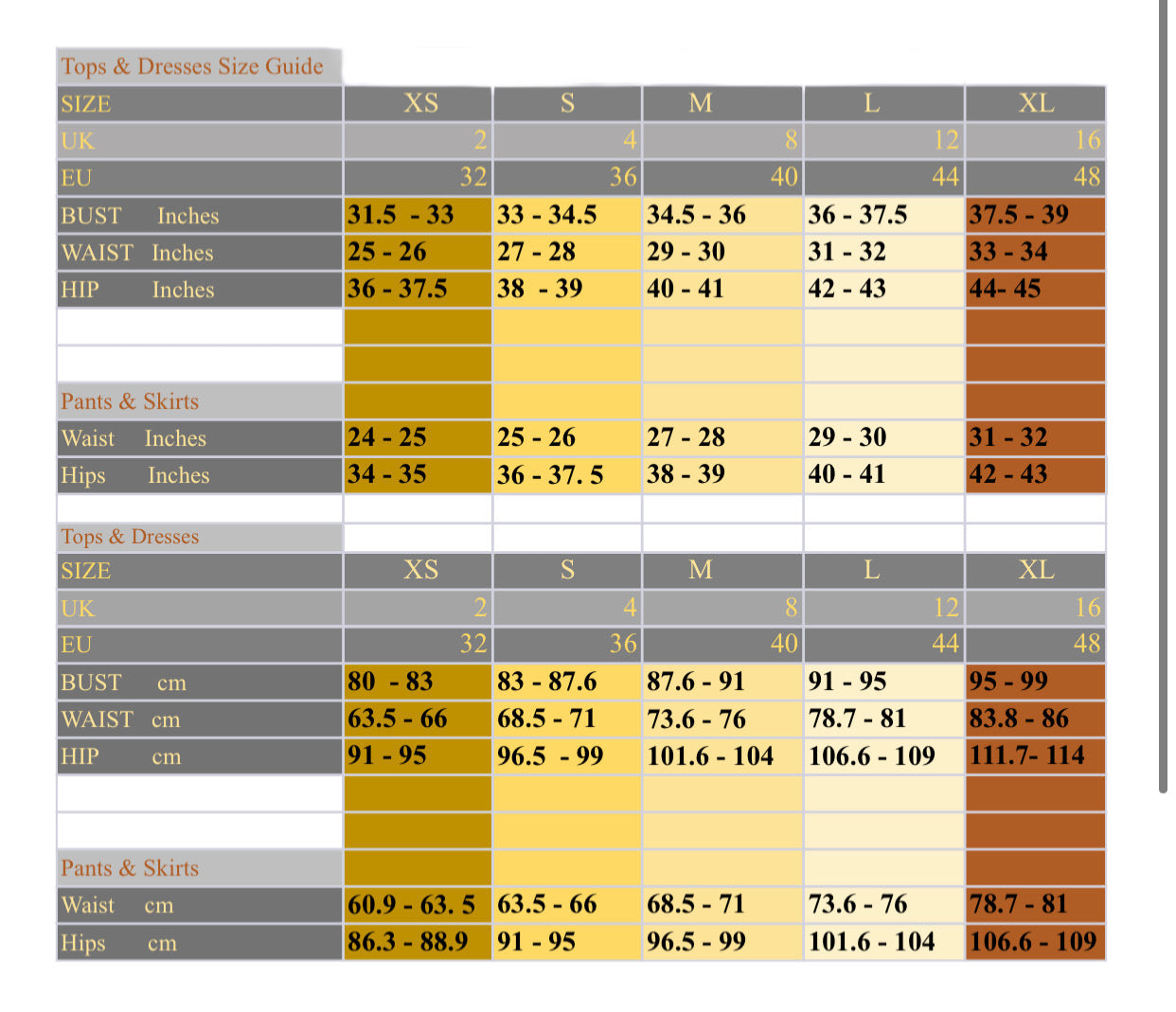 Size chart from XS - XL