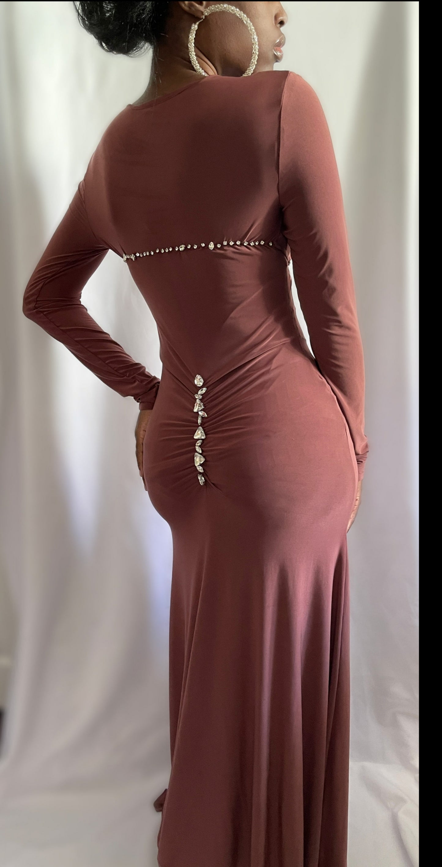 Mauve Brown Slinky Rhinestone Dress